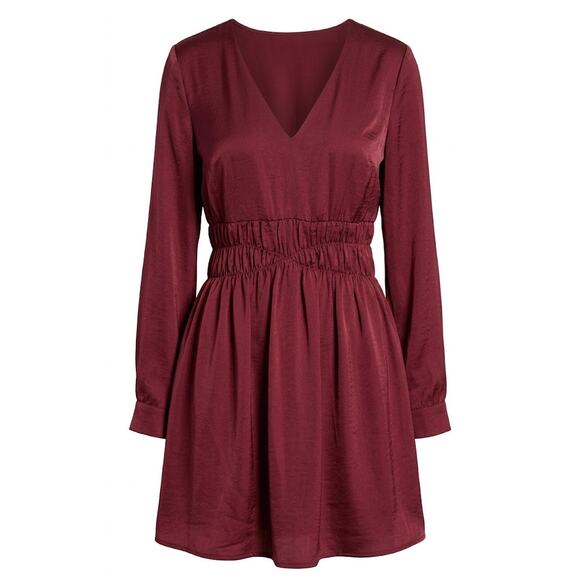 Express Dresses & Skirts - Express Burgundy Satin Long Sleeve V-Neck Mini Dress Size M